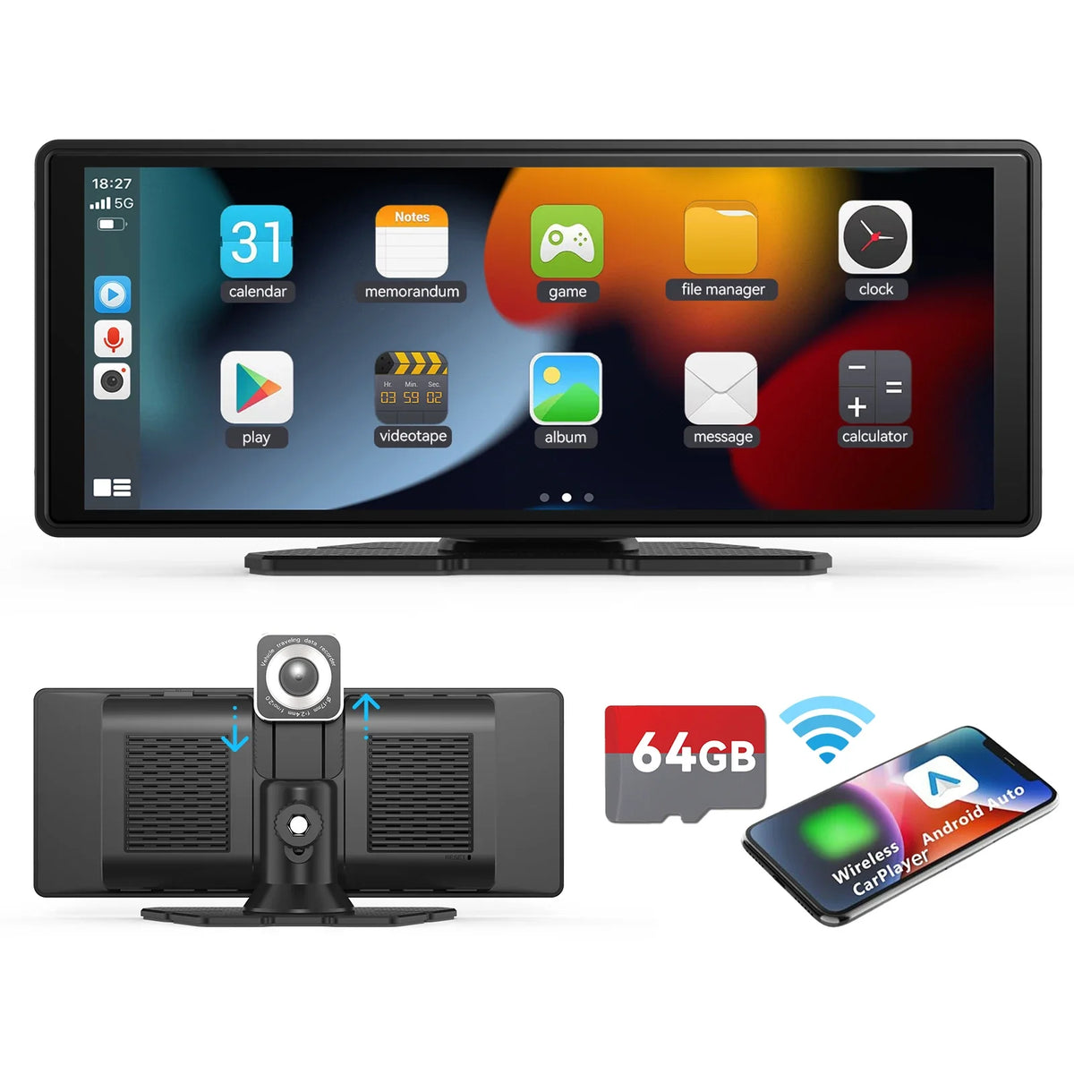 Portable Wireless CarPlay Car Stereo 10.26-Inch HD Touchscreen - Android Auto, Mirror Link & Backup Camera Support