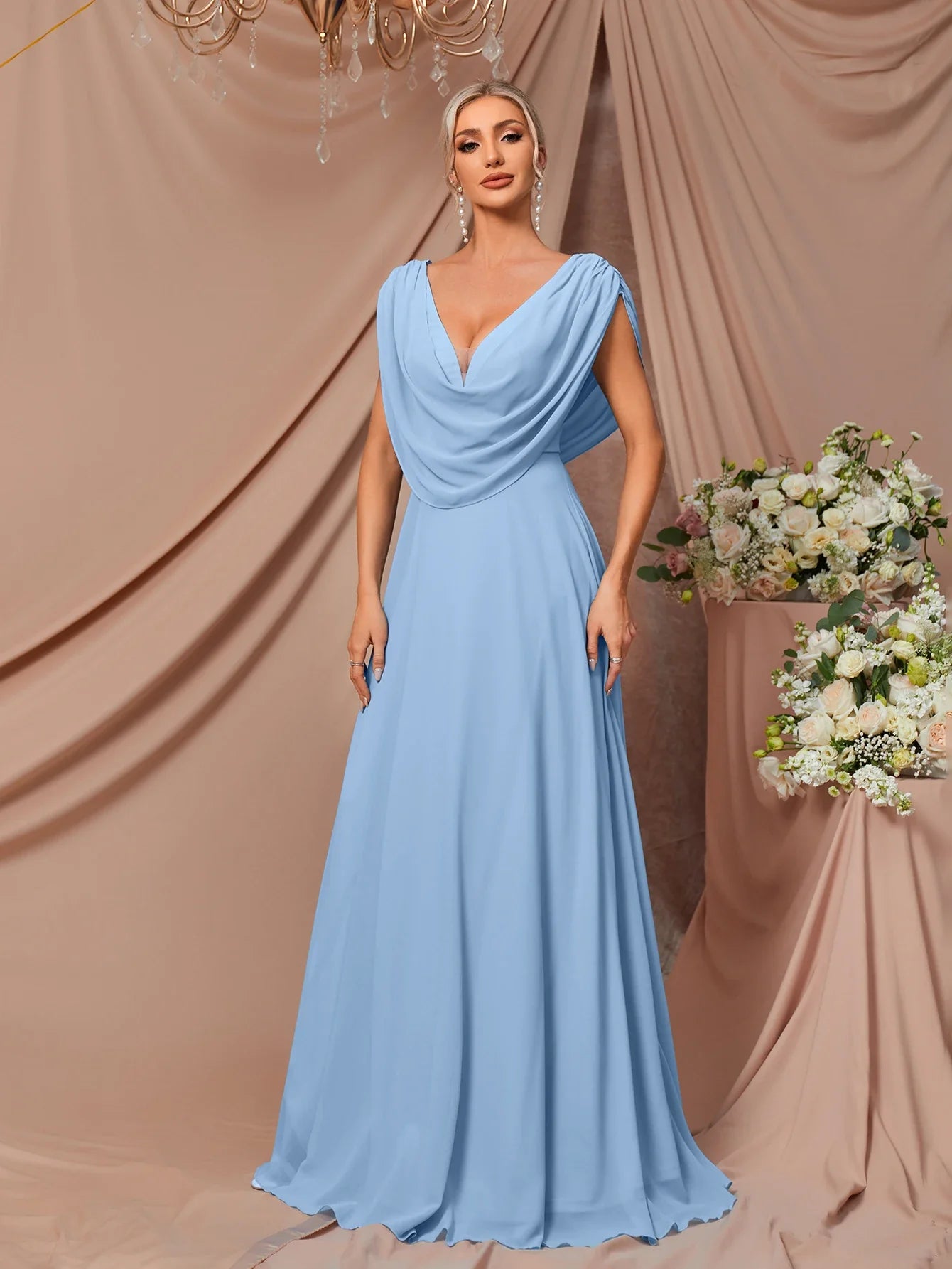 Women’s Sky Blue V-Neck Dress – Elegant Casual & Party Outfit