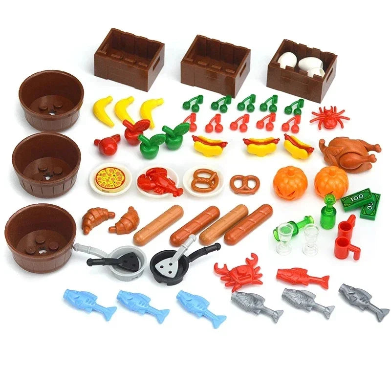 DIY Mini Food Building Block Figures – Bread, Fish, Fruit, Chicken, Crab, Hot Dog, Cake, Pizza & Carrot Creative Toy Bricks