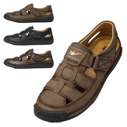 Men's Wide Toe Leather Sandals - Breathable Hollow Out Closed Toe Roman Casual Shoes Plus Size