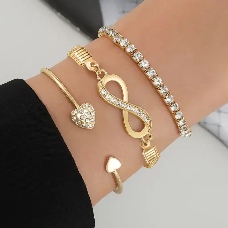 3PCS Vintage Crystal Rhinestone Heart Bracelet Set – Adjustable Infinity Cuff Bangles for Women Fashion Jewelry Gift