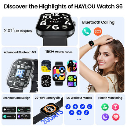 HAYLOU Watch S6 Smartwatch — 2.01" HD Display, Bluetooth Voice Calls, IP68 Waterproof Fitness Tracker