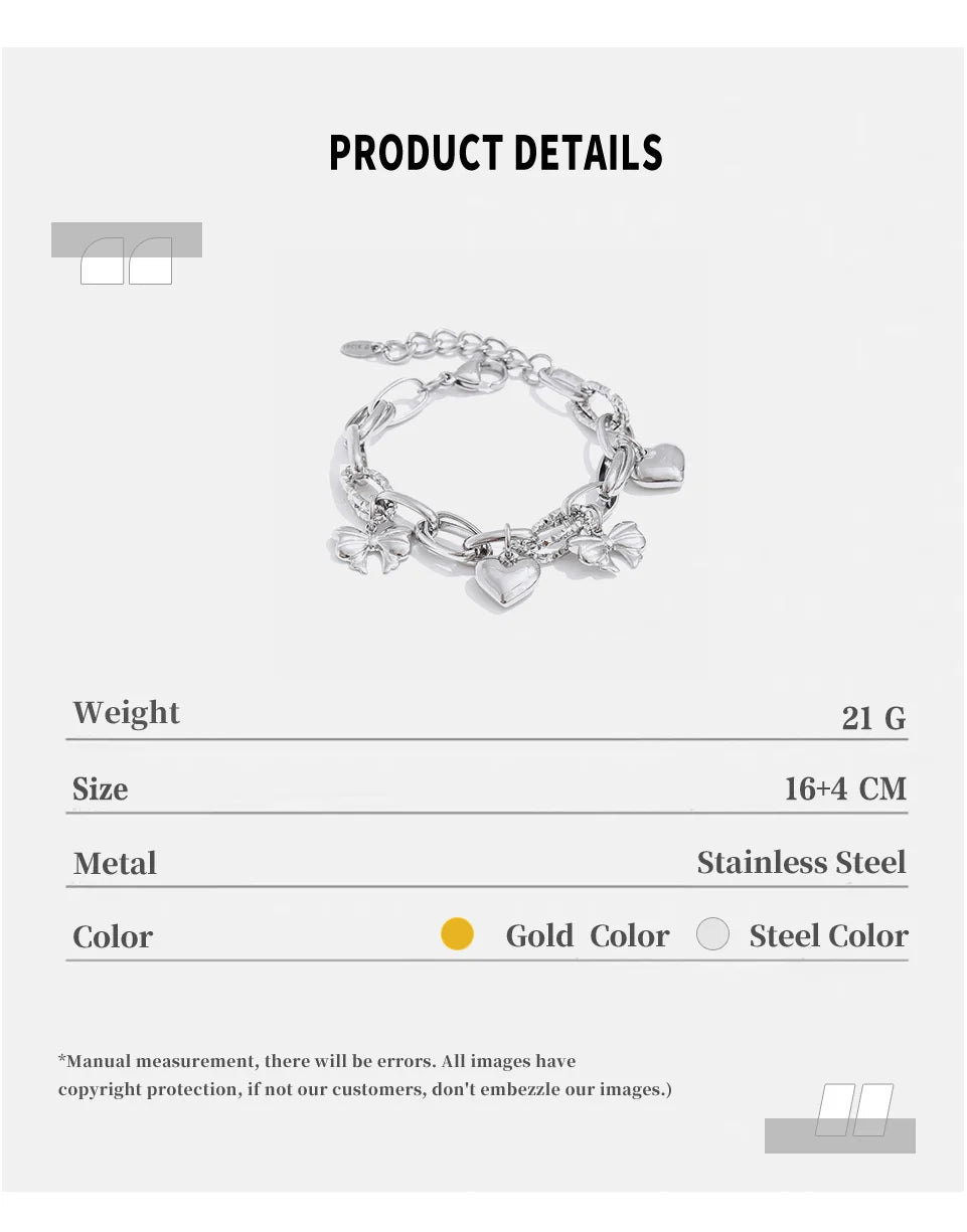 NiNice Stainless Steel Heart & Bow Pendant Bracelet – Romantic DIY Fashion Jewelry Gift for Women, Elegant Trendy Design