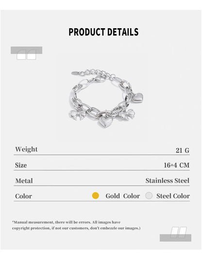 NiNice Stainless Steel Heart & Bow Pendant Bracelet – Romantic DIY Fashion Jewelry Gift for Women, Elegant Trendy Design