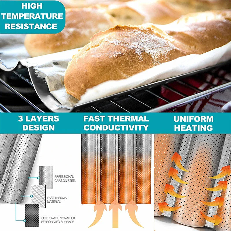 LMETJMA Nonstick Perforated French Bread Baking Pan - Carbon Steel Baguette Pan for 4 Wave Loaves, Loaf Bake Mold JT158