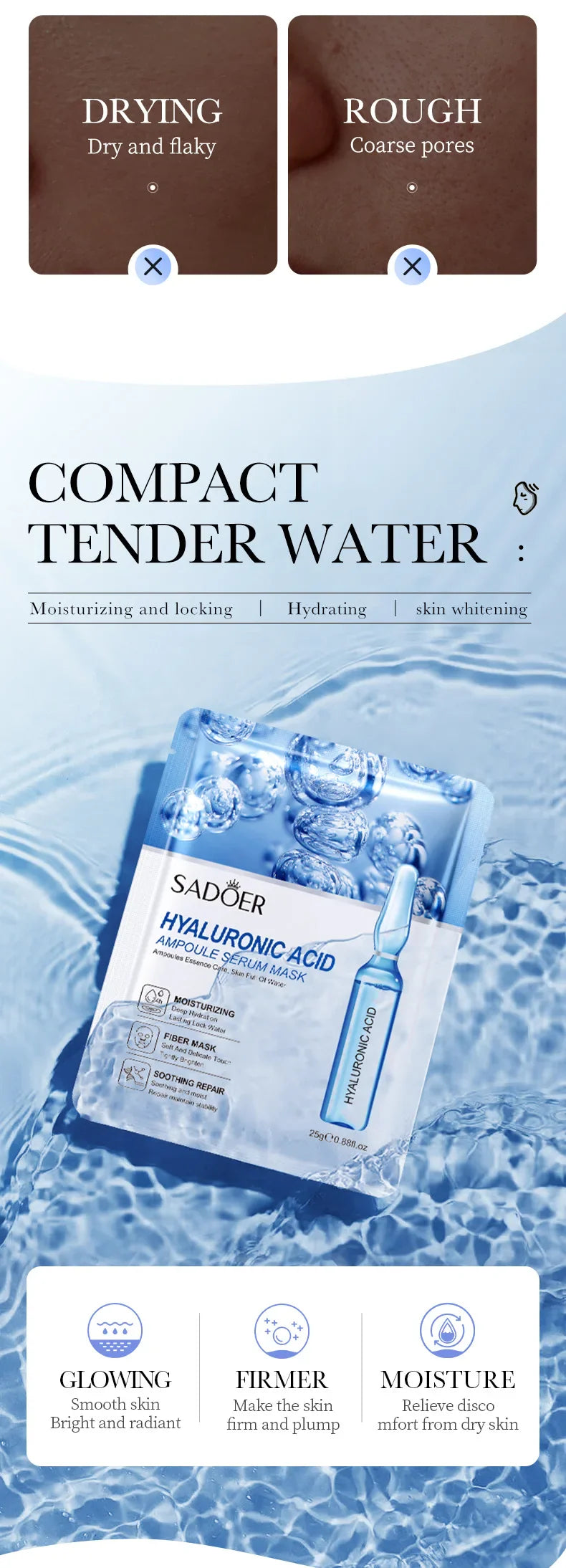 10pcs SAODER Hyaluronic Acid Face Masks – Hydrating, Moisturizing & Firming Skincare