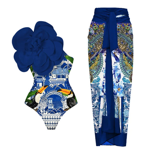 Blue One-Shoulder Ruffle Floral Monokini Swimsuit with Cover Up Sexy One Piece Beach Swimwear for Women Summer