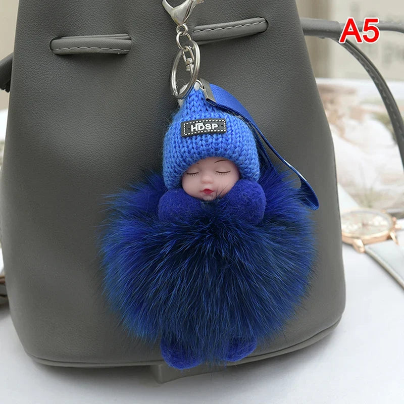 Pompom Sleeping Baby Keychain - Fluffy Plush Doll Keyring for Bags, Cars & Gift Decoration