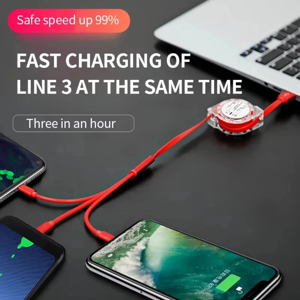 3-in-1 Retractable USB Data Cable – Fast Charging for iPhone, Type-C & Micro USB, Compatible with Android, Xiaomi, Huawei, Samsung