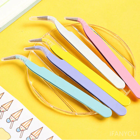 Stainless Steel Eyelash Tweezers Set – Straight & Curved Colorful Pink Blue Purple Tools for DIY Lash, Nail Art & Rhinestone Picking