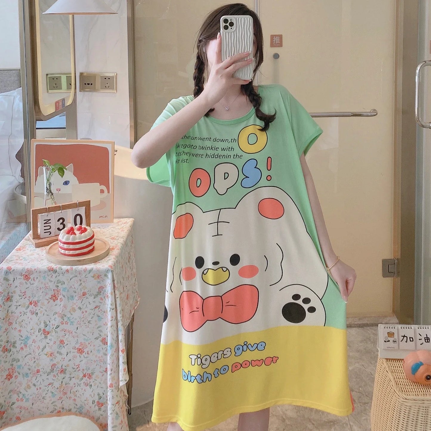 Girls’ Summer & Autumn Cartoon Nightdress – Cute Short-Sleeved Pajama Dress, Comfortable Homewear, Polyester Sleepwear