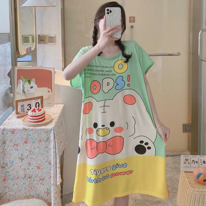 Girls’ Summer & Autumn Cartoon Nightdress – Cute Short-Sleeved Pajama Dress, Comfortable Homewear, Polyester Sleepwear