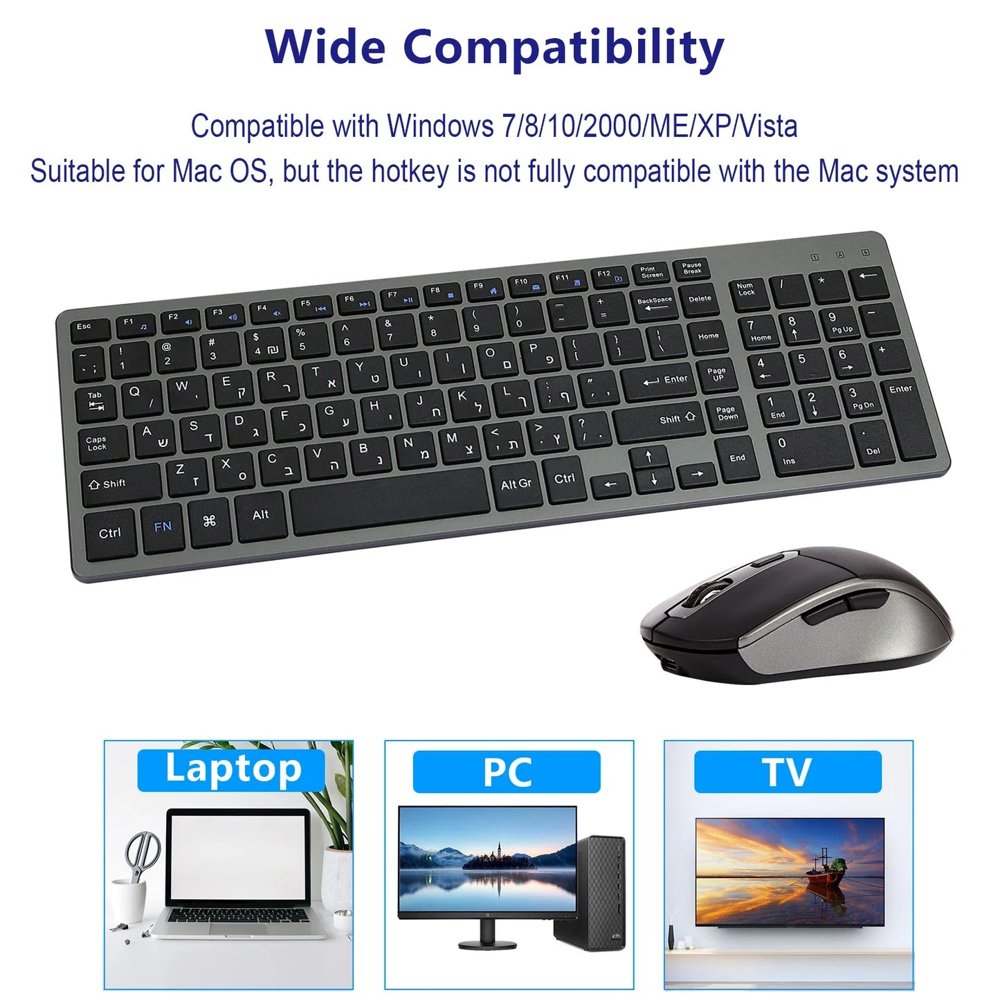 Wireless Keyboard and Mouse Combo – Rechargeable Slim Set with Russian, Hebrew, Korean, English Keycaps & Silent Mouse