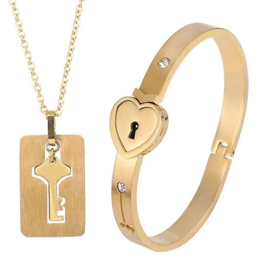 Couple Stainless Steel Love Lock Bracelet & Key Pendant Necklace – Romantic Jewelry Gift for Men and Women