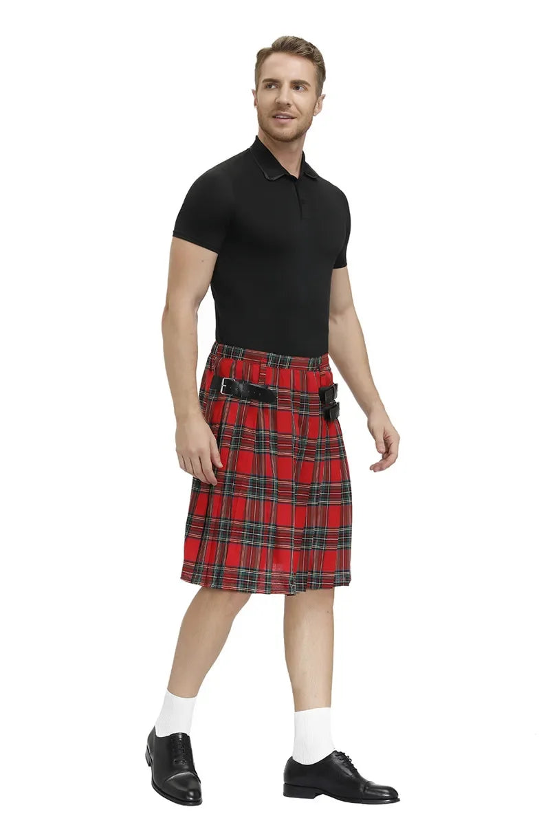 Scottish Men's Traditional Kilt - Highland Tartan Pleated Kilt with Bilateral Belt for Males