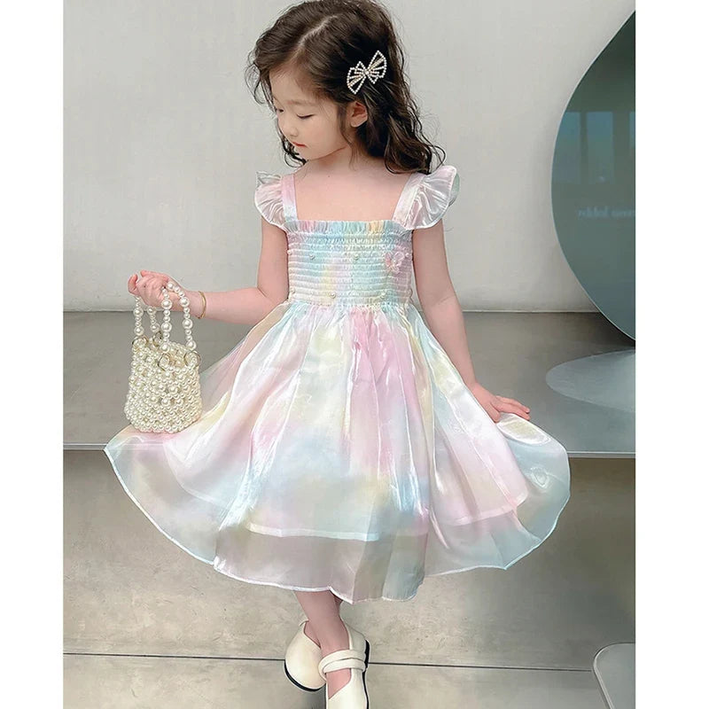 Girls Butterfly Princess Dress - Pearl Lace Mesh Gradient Rainbow Party Gown for Ages 1-8