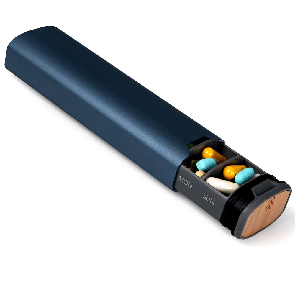 7-Day Weekly Pill Organizer – Large Capacity Aluminum & Wood Pill Box for Vitamins & Medicine
