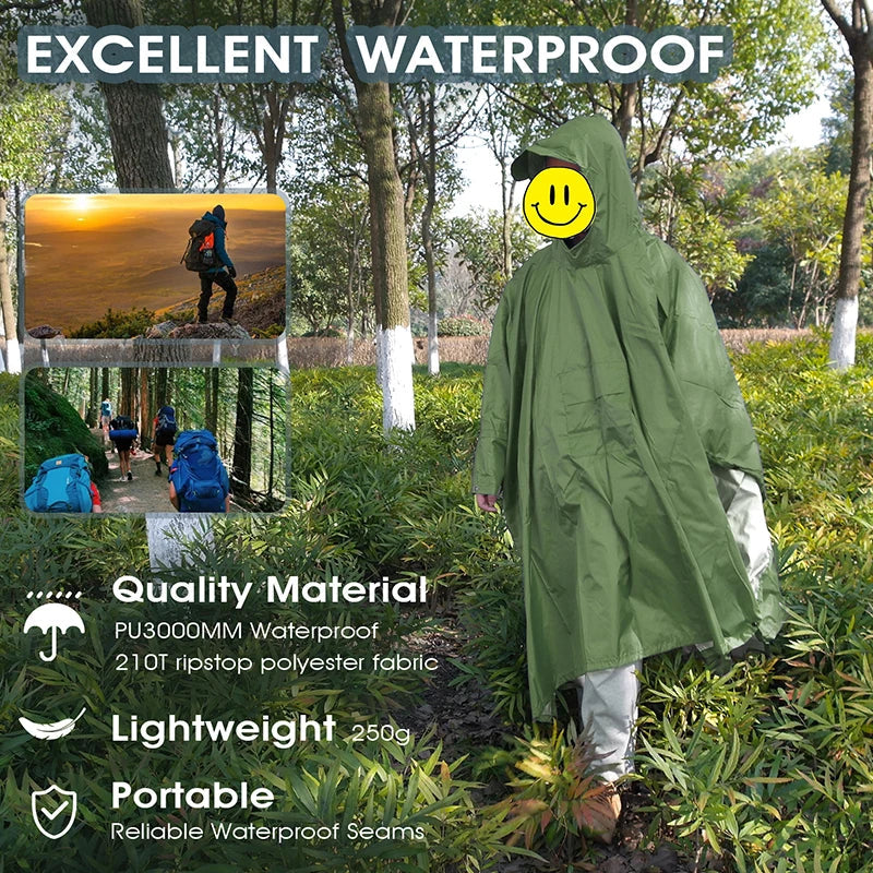 3-In-1 Outdoor Military Raincoat - Waterproof, Multipurpose Men's and Women's Poncho - Motorcycle Rain Gear and Picnic Mat