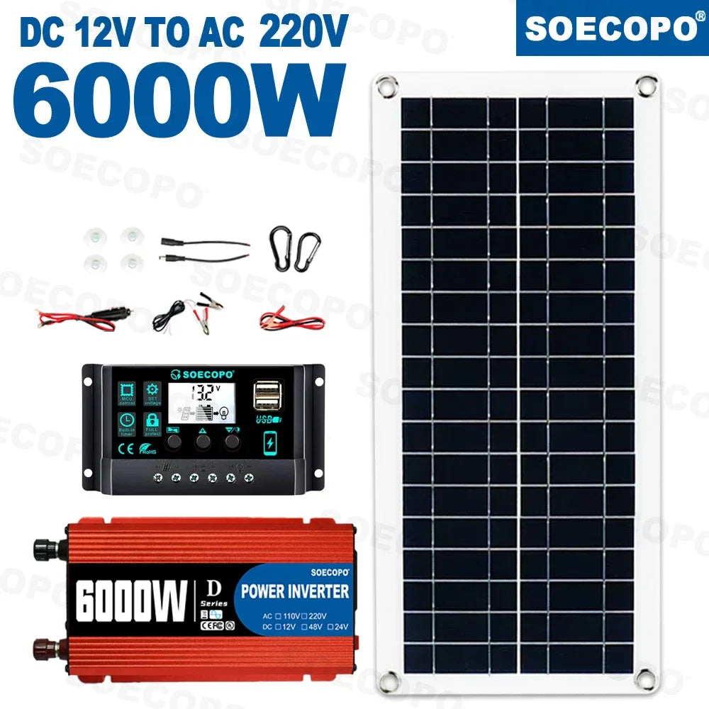 6000W Solar Power System Complete Kit – 12V to 110V/220V Off-Grid Setup with 100A Controller, 300W Panel & Inverter for Home & Camping Backup