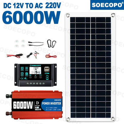 6000W Solar Power System Complete Kit – 12V to 110V/220V Off-Grid Setup with 100A Controller, 300W Panel & Inverter for Home & Camping Backup