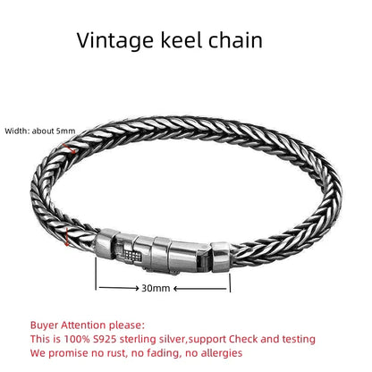 100% S925 Sterling Silver Handmade Woven Bracelet — Retro Domineering Style for Men & Women, Pure Silver Jewelry
