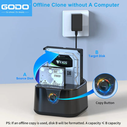GODO Dual Bay USB 3.0 Hard Drive Docking Station – SATA 2.5"/3.5" HDD & SSD Enclosure with LED Indicator and Fast Data Transfer