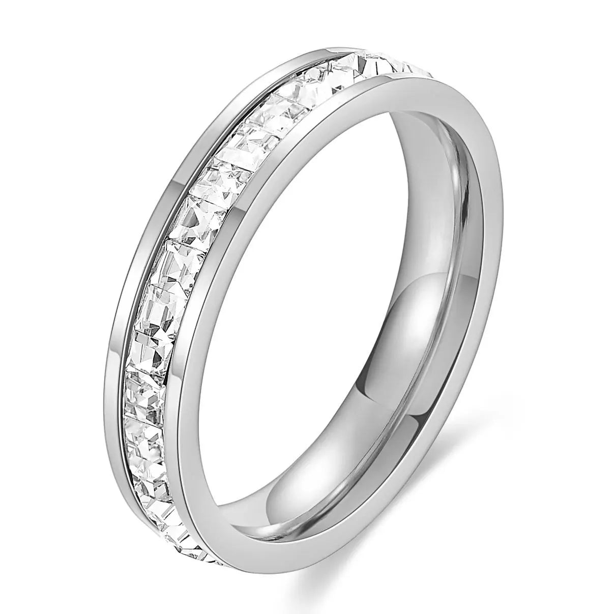 VQYSKO Square Zircon Stainless Steel Ring – White Zircon Engagement Ring for Women & Men – Geometric Couple Fashion Jewelry for Party & Custom Wear