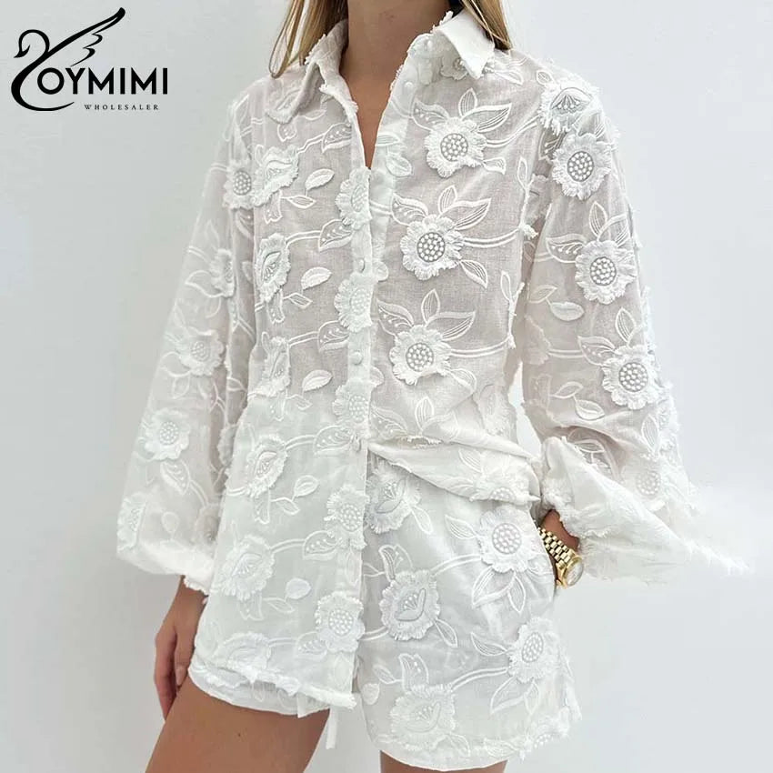 Oymimi Women’s Summer 2-Piece Cotton Set – White Jacquard Button Shirt & High Waist Shorts Casual Outfit for Women