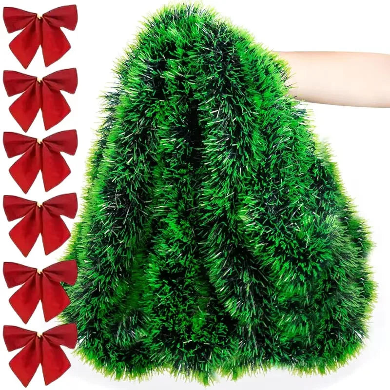 Christmas Bow Tinsel Ribbon Garland – Green Ribbon for Tree, Wreath & Holiday Decor