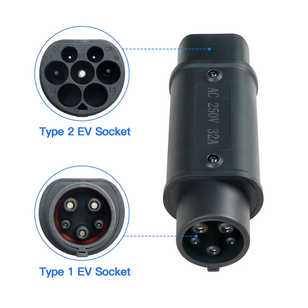 Kolanky Type2 to Type1 EV Charger Adapter – IEC 62196, 16A/32A J1772 Converter for Electric Vehicle Charging Connector