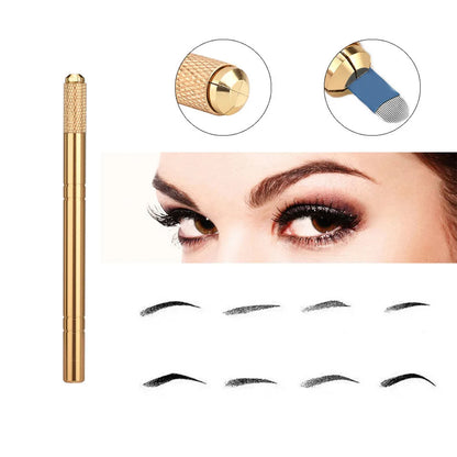 Golden Tebori 3D Tattoo Pen with 5pcs 12-Pin Microblading Needles — Professional Permanent Makeup Eyebrow Tattoo Set