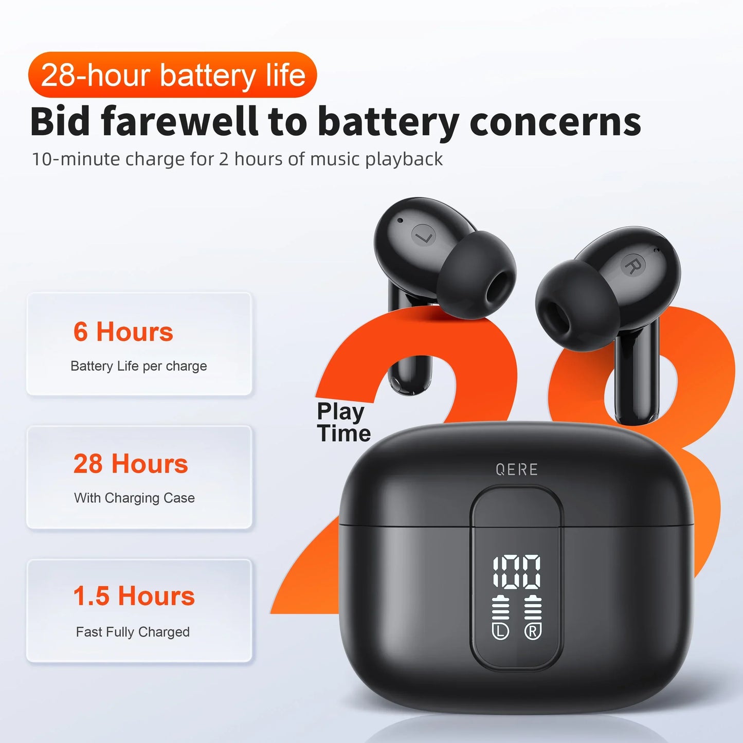QERE E50 Wireless Earbuds - Bluetooth 5.3 HiFi Headphones with ENC Microphone Low Latency Audio