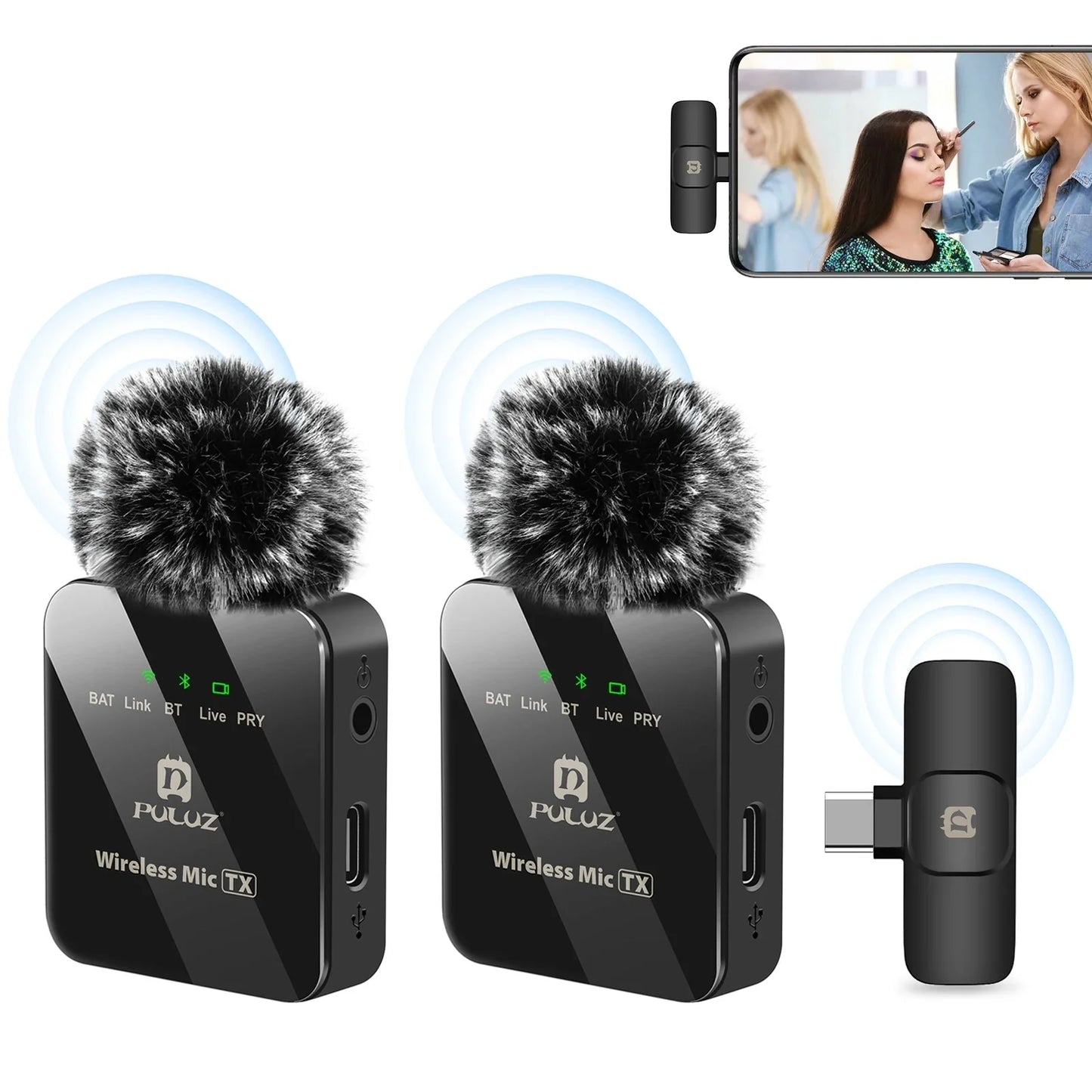 PULUZ Wireless Lavalier Microphone – Dual Mics with 8-Pin & Type-C Receiver for iPhone, iPad, & Android