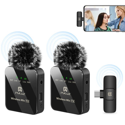 PULUZ Wireless Lavalier Microphone – Dual Mics with 8-Pin & Type-C Receiver for iPhone, iPad, & Android