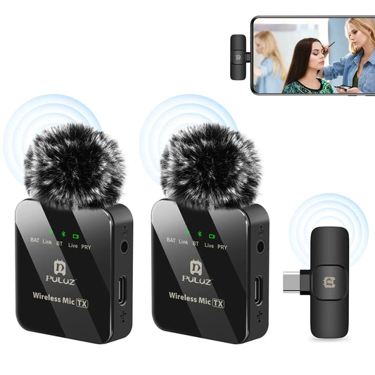 PULUZ Wireless Lavalier Microphone – Dual Mics with 8-Pin & Type-C Receiver for iPhone, iPad, & Android