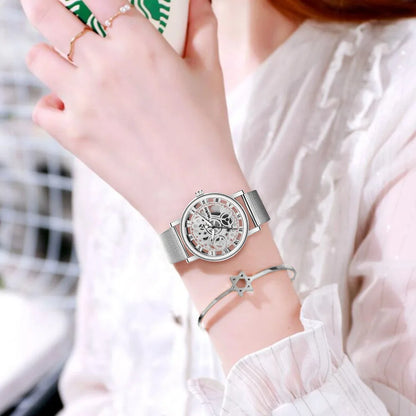 New Fashion Women's Hollow Skeleton Faux Mechanical Watch - Metal Mesh Quartz Wristwatch, Relogio Feminino for Ladies