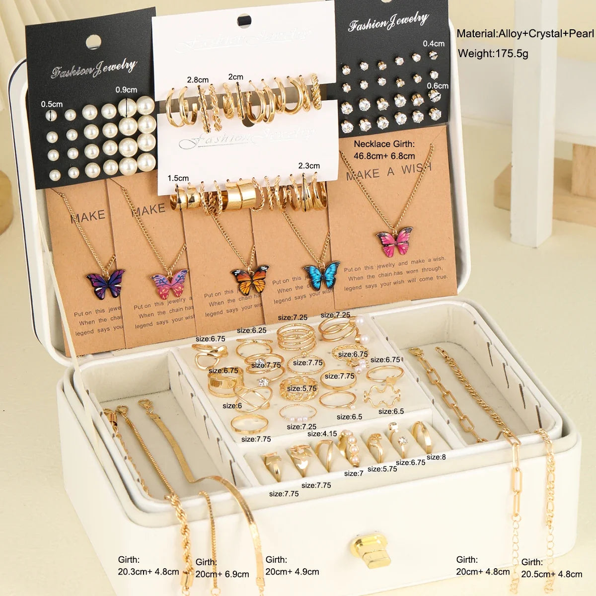 104-Piece Fashion Jewelry Set - Metal Pearl & Zircon Butterfly Earrings, Necklace, Bracelet and Rings for Women