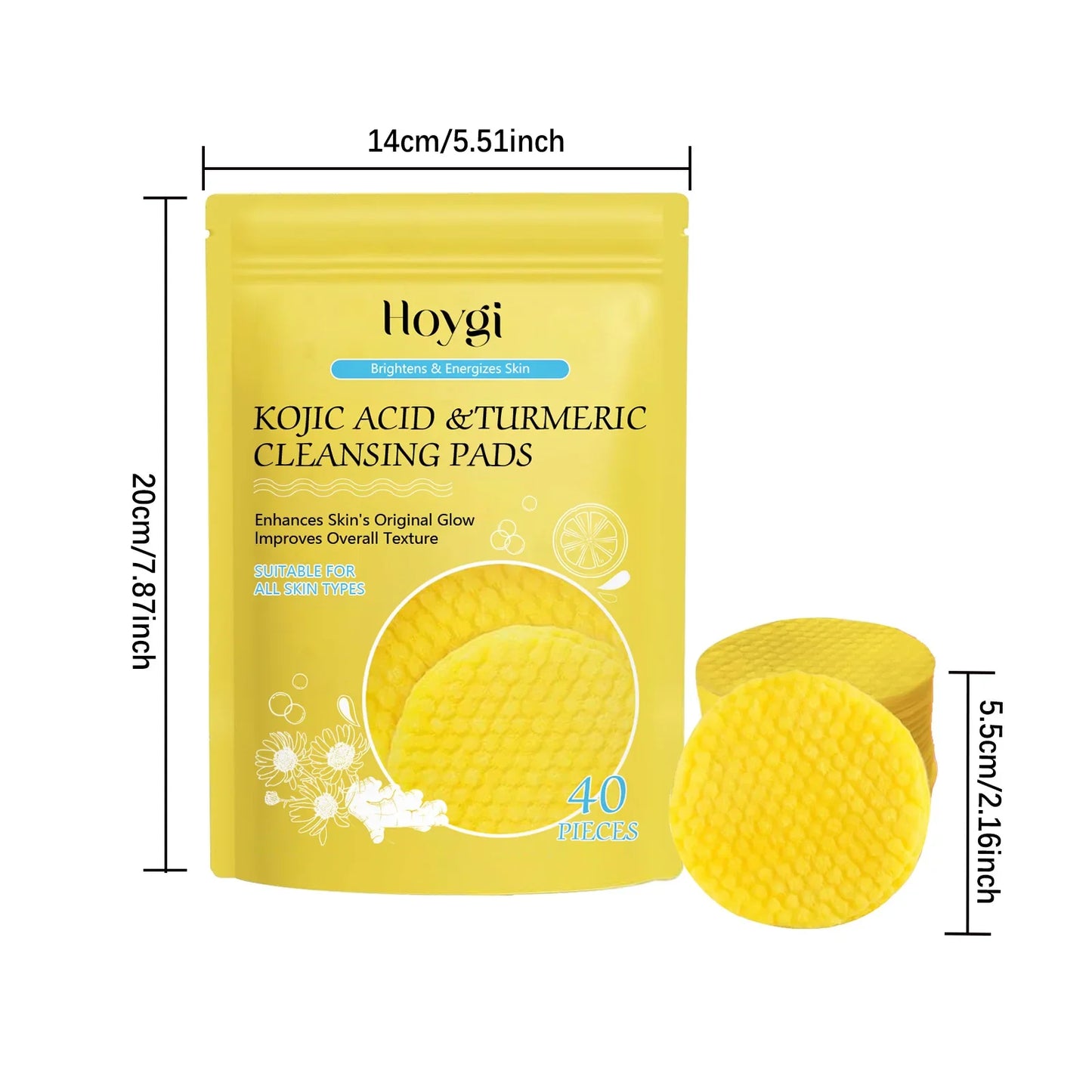Turmeric & Kojic Acid Facial Cleansing Pads — Lemon Deep Cleanse, Brightening & Whitening Cotton Pads for Face Skincare