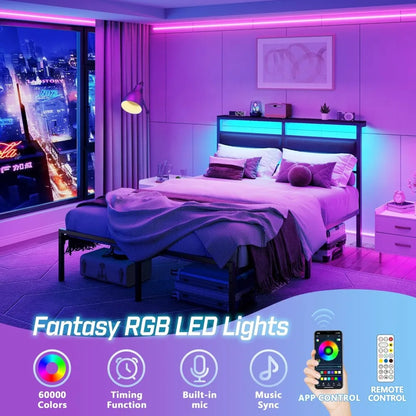 LED Bed Frame with Charging Station – Black Metal Platform Bed Frame with Headboard, Custom Design Modern Storage & Lighting Bed