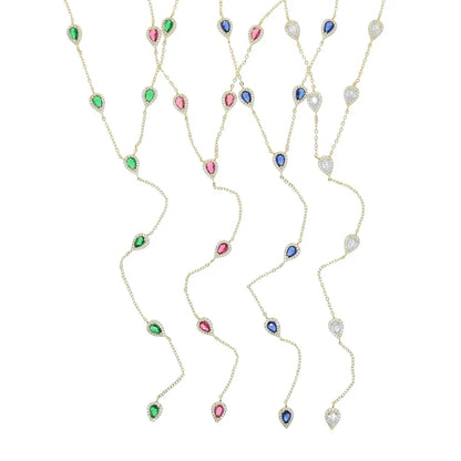 2023 Gold Plated Y Lariat Necklace - Colorful CZ Teardrop Pendant Geometric Jewelry for Women
