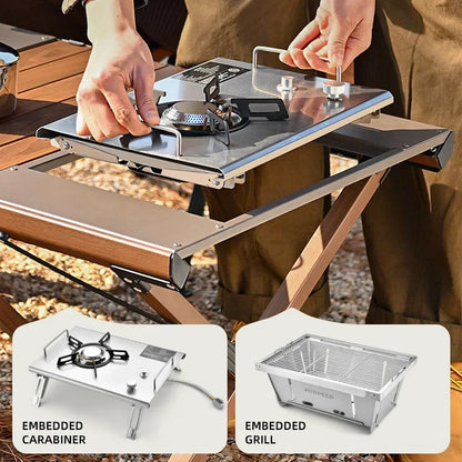 Hispeed Outdoor Camping Folding IGT Table – Multifunctional Wood Table with Gas Stove for BBQ, Picnic & Camp Grill