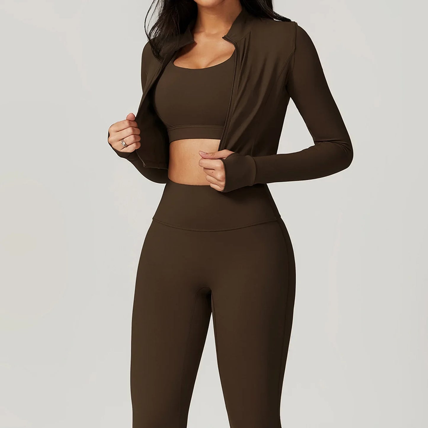 3PCS Women’s Yoga & Workout Set – Long Sleeve Zipper Top with High Waist Leggings Fitness Sportswear