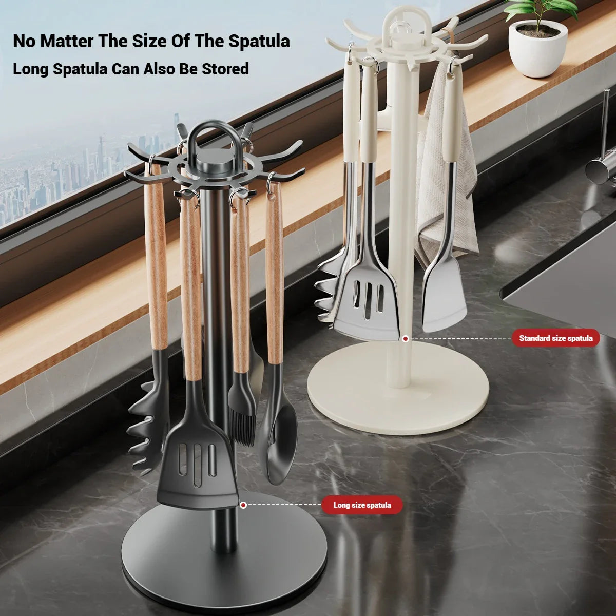 Rotating Kitchen Utensil Stand — 8-Hook Countertop Organizer for Cooking Tools