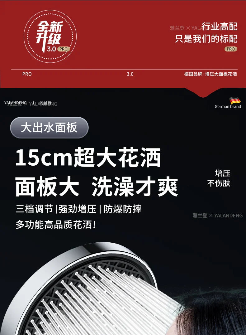 15cm Large Panel High Pressure Shower Head with Filter – 3 Modes Rainfall Spray Nozzle for Bathroom Accessories