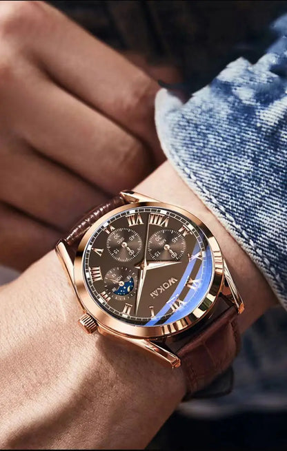 Fashion Business Three-Eye Roman Dial Quartz Watch - Bamboo Belt, Elegant & Stylish Timepiece
