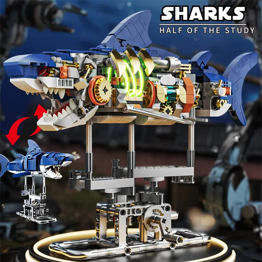 Mechanical Shark & Sea Life Building Blocks Set – Crocodile, Parrot, Mantis, Frog, Manta Ray Toy for Kids