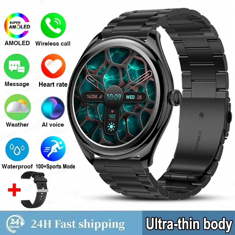 Ultra-Thin AMOLED Smartwatch for Men - 3D Display, Fitness Tracking, Heart Rate, Bluetooth Calls & Waterproof Design