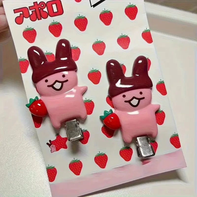 4Pc Strawberry Chocolate Bunny Hairpins - Cute Cartoon Plastic Hair Accessories for Girls & Women