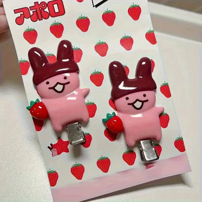 4Pc Strawberry Chocolate Bunny Hairpins - Cute Cartoon Plastic Hair Accessories for Girls & Women