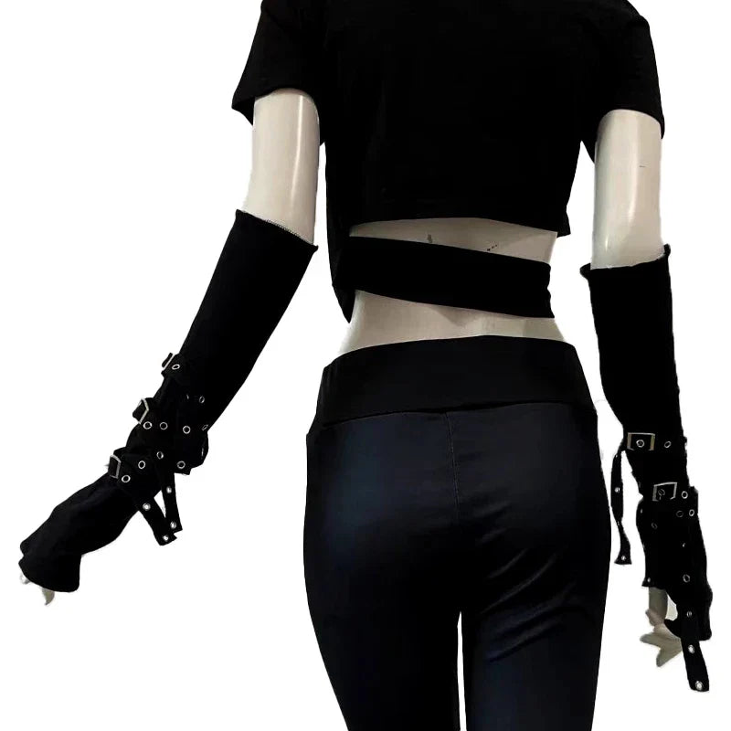 Women’s Punk Rivet Fingerless Gloves – Gothic Hip Hop Half Finger Wrist Mittens with Eyelet Ribbon, Harajuku Party & Streetwear Elbow Gloves